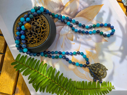 Protection Mala  108 Apatite, Azurite, Sodalite, Amazonite & Lapis Lazuli Beads with Brass Pendant | Reiki-Infused Meditation Necklace