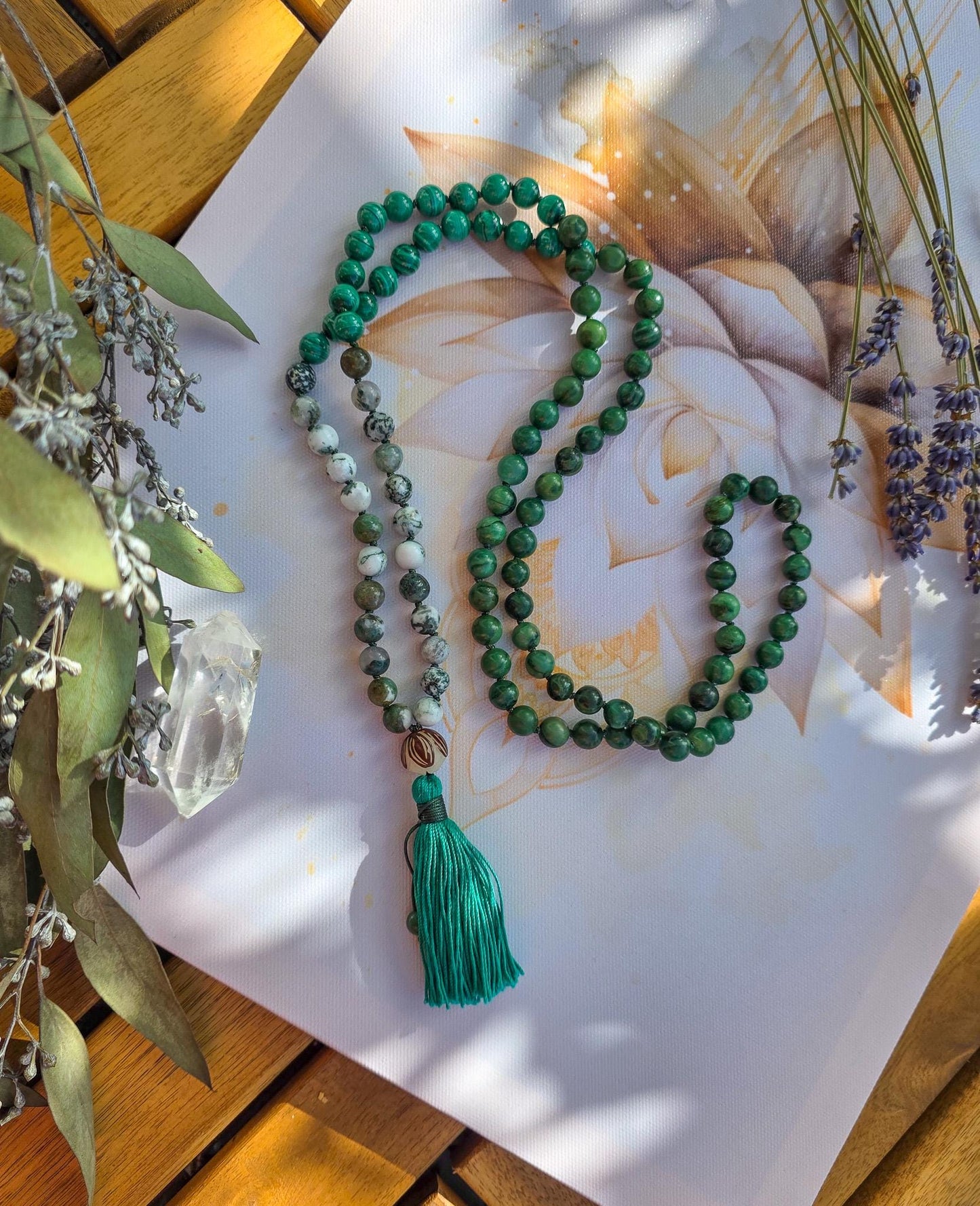 Jade, Malachite & Moss Agate Mala Beads  108 Reiki-Infused Meditation Necklace | Hand-Knotted Healing Gemstone Japa Mala