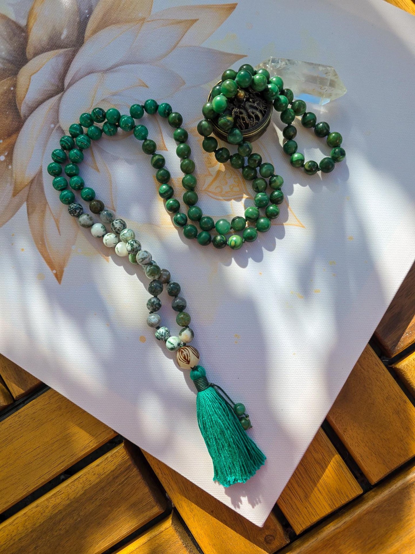 Jade, Malachite & Moss Agate Mala Beads  108 Reiki-Infused Meditation Necklace | Hand-Knotted Healing Gemstone Japa Mala