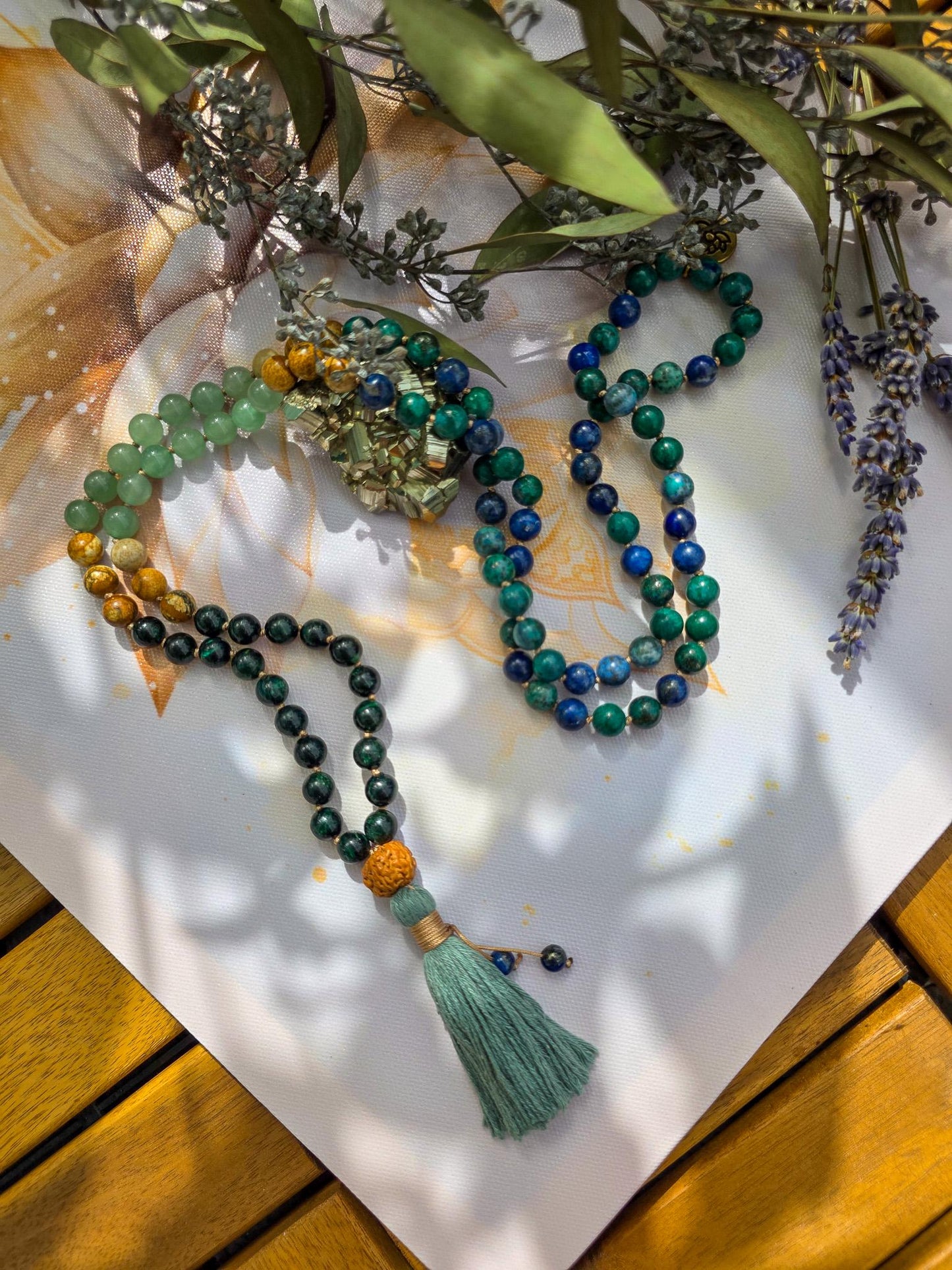 Emerald, Green Aventurine, Picture Jasper & Azurite Mala  108 Reiki-Infused Beads with Rudraksha Guru and Bamboo Tassel