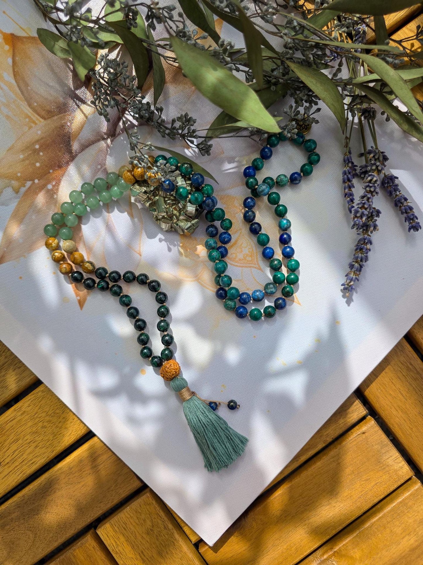 Emerald, Green Aventurine, Picture Jasper & Azurite Mala  108 Reiki-Infused Beads with Rudraksha Guru and Bamboo Tassel