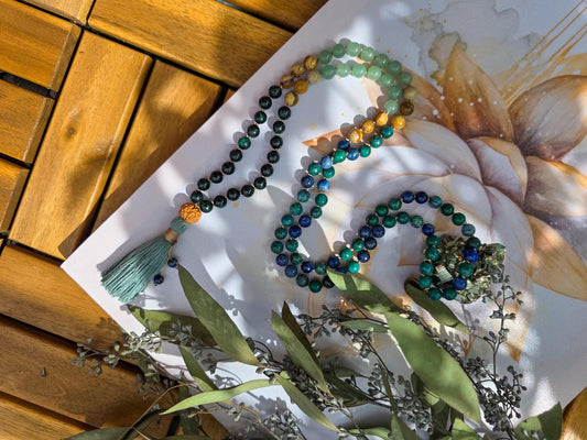 Emerald, Green Aventurine, Picture Jasper & Azurite Mala  108 Reiki-Infused Beads with Rudraksha Guru and Bamboo Tassel