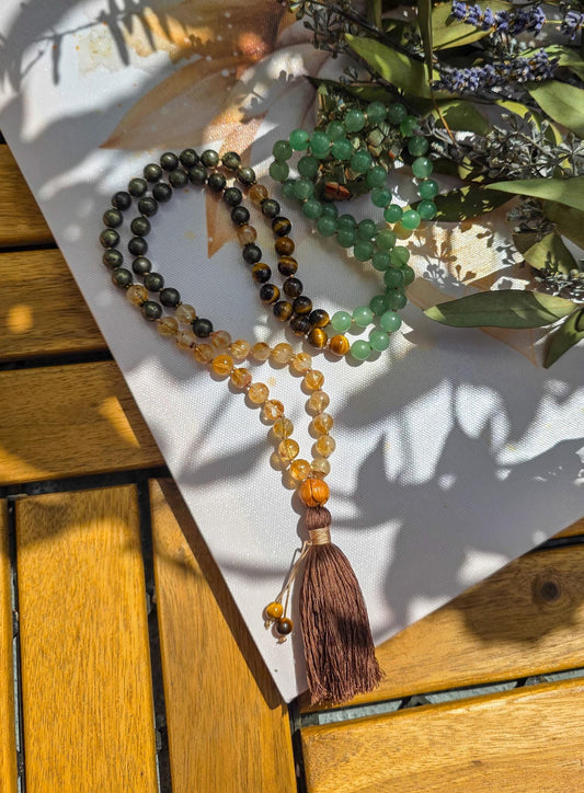 Citrine, Pyrite, Green Aventurine & Tigers Eye Mala  108 Reiki-Infused Beads | Hand-Knotted Healing Gemstone Meditation Necklace
