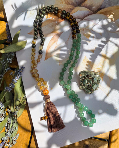 Citrine, Pyrite, Green Aventurine & Tigers Eye Mala  108 Reiki-Infused Beads | Hand-Knotted Healing Gemstone Meditation Necklace