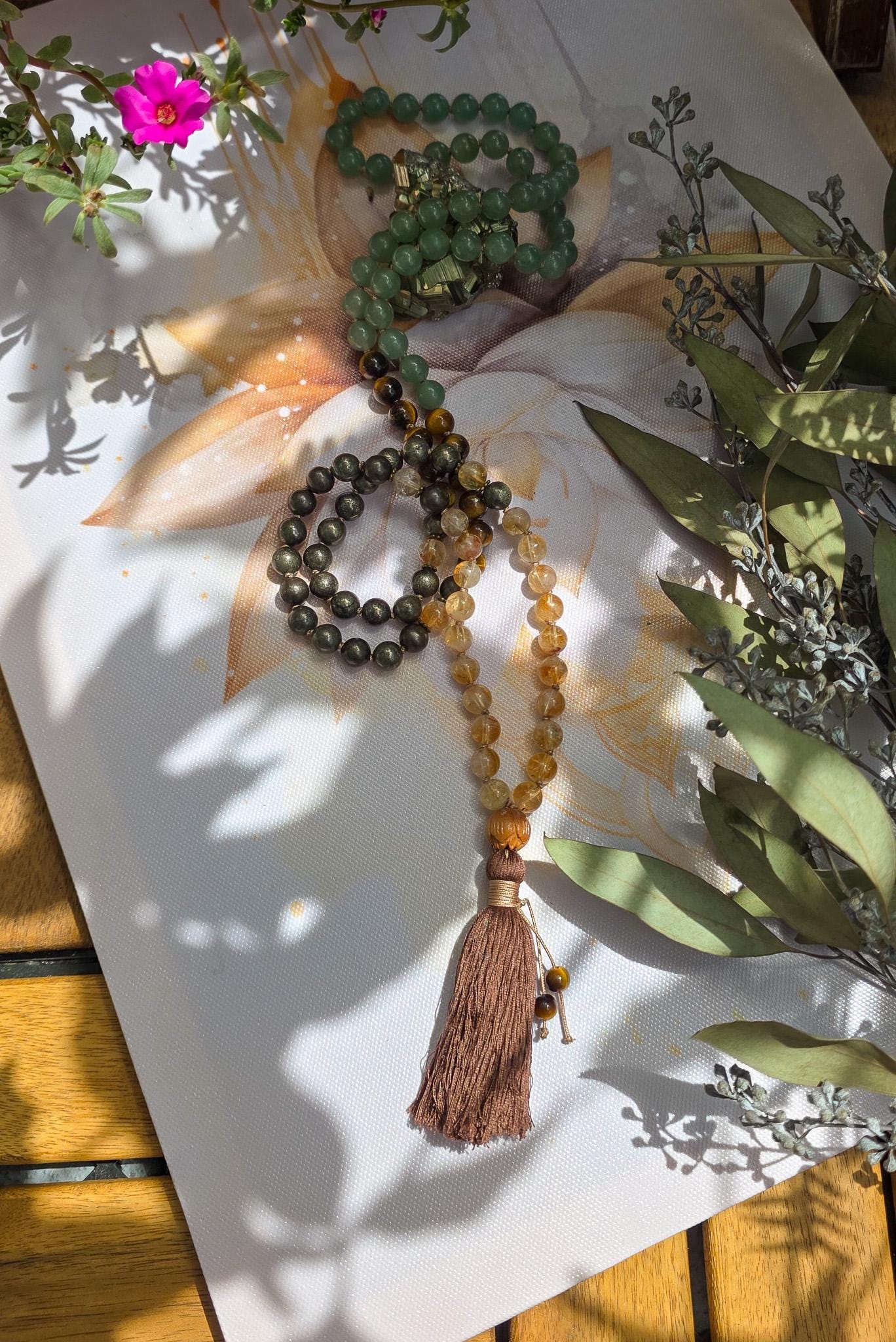 Citrine, Pyrite, Green Aventurine & Tigers Eye Mala  108 Reiki-Infused Beads | Hand-Knotted Healing Gemstone Meditation Necklace