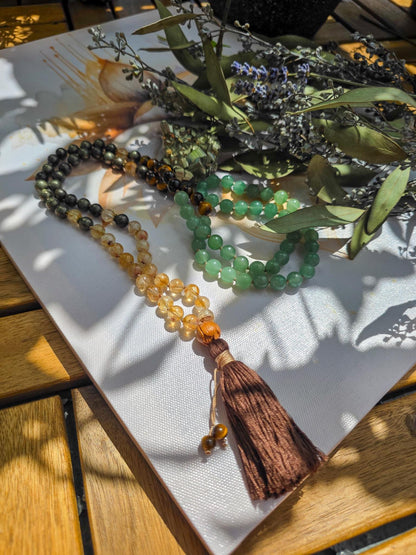 Citrine, Pyrite, Green Aventurine & Tigers Eye Mala  108 Reiki-Infused Beads | Hand-Knotted Healing Gemstone Meditation Necklace