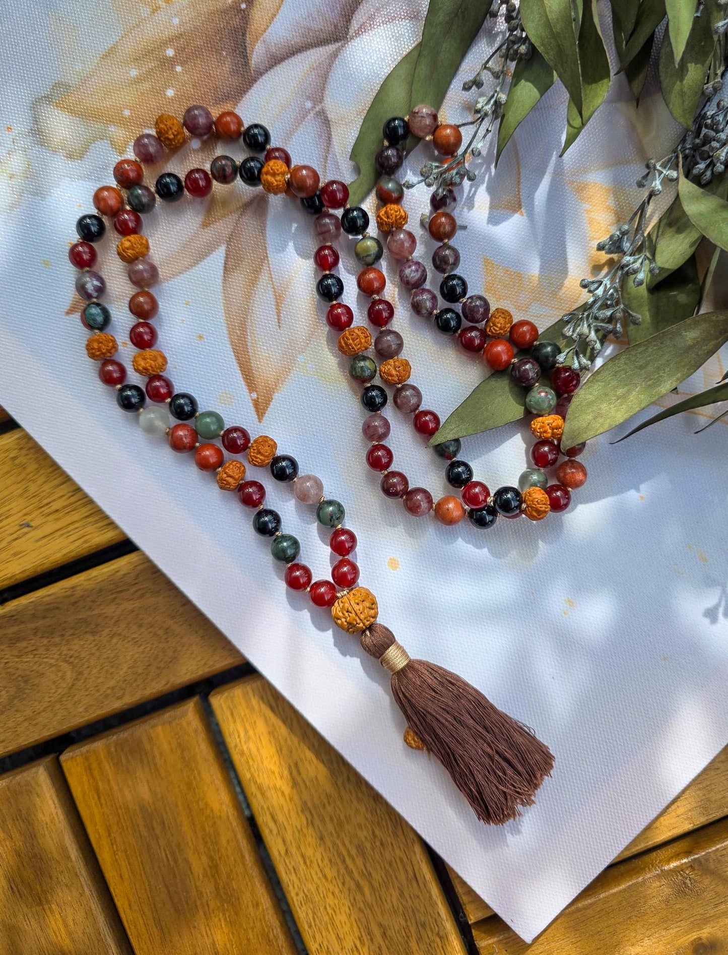 Maternity & Fertility Mala Beads  108 Reiki-Infused Necklace with Carnelian, Bloodstone, Garnet, Red Jasper and Rudraksha