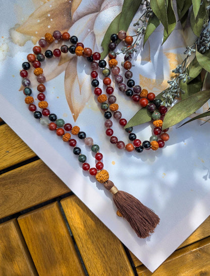Maternity & Fertility Mala Beads  108 Reiki-Infused Necklace with Carnelian, Bloodstone, Garnet, Red Jasper and Rudraksha