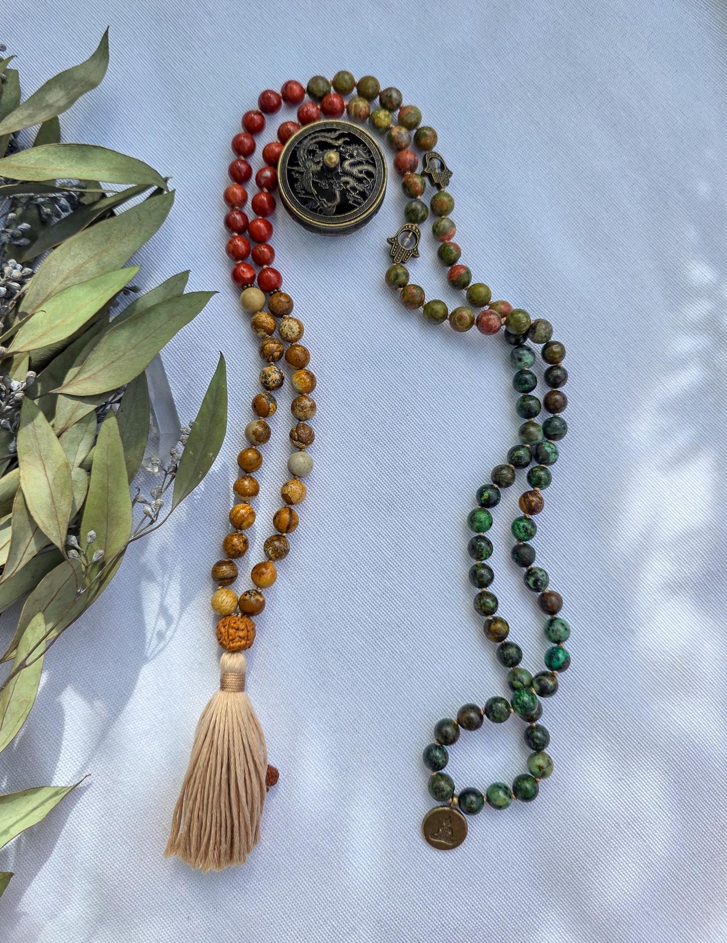 Earthy Mala Necklace  108 Hand-Knotted Beads with Picture Jasper, Unakite, Red Jasper & African Turquoise