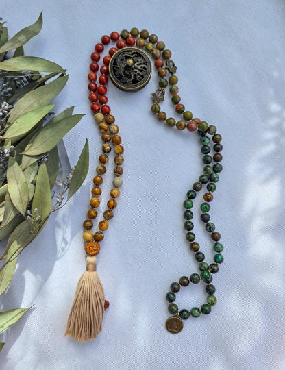 Earthy Mala Necklace  108 Hand-Knotted Beads with Picture Jasper, Unakite, Red Jasper & African Turquoise