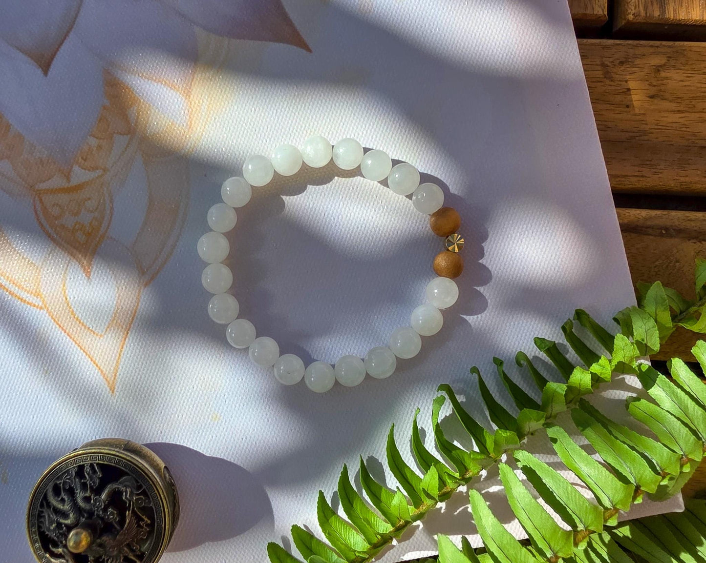 White Jade & Tulsi Wood Bracelet: Reiki-Infused Mala Beads