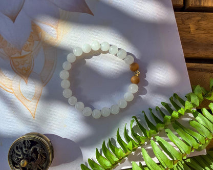 White Jade & Tulsi Wood Bracelet: Reiki-Infused Mala Beads
