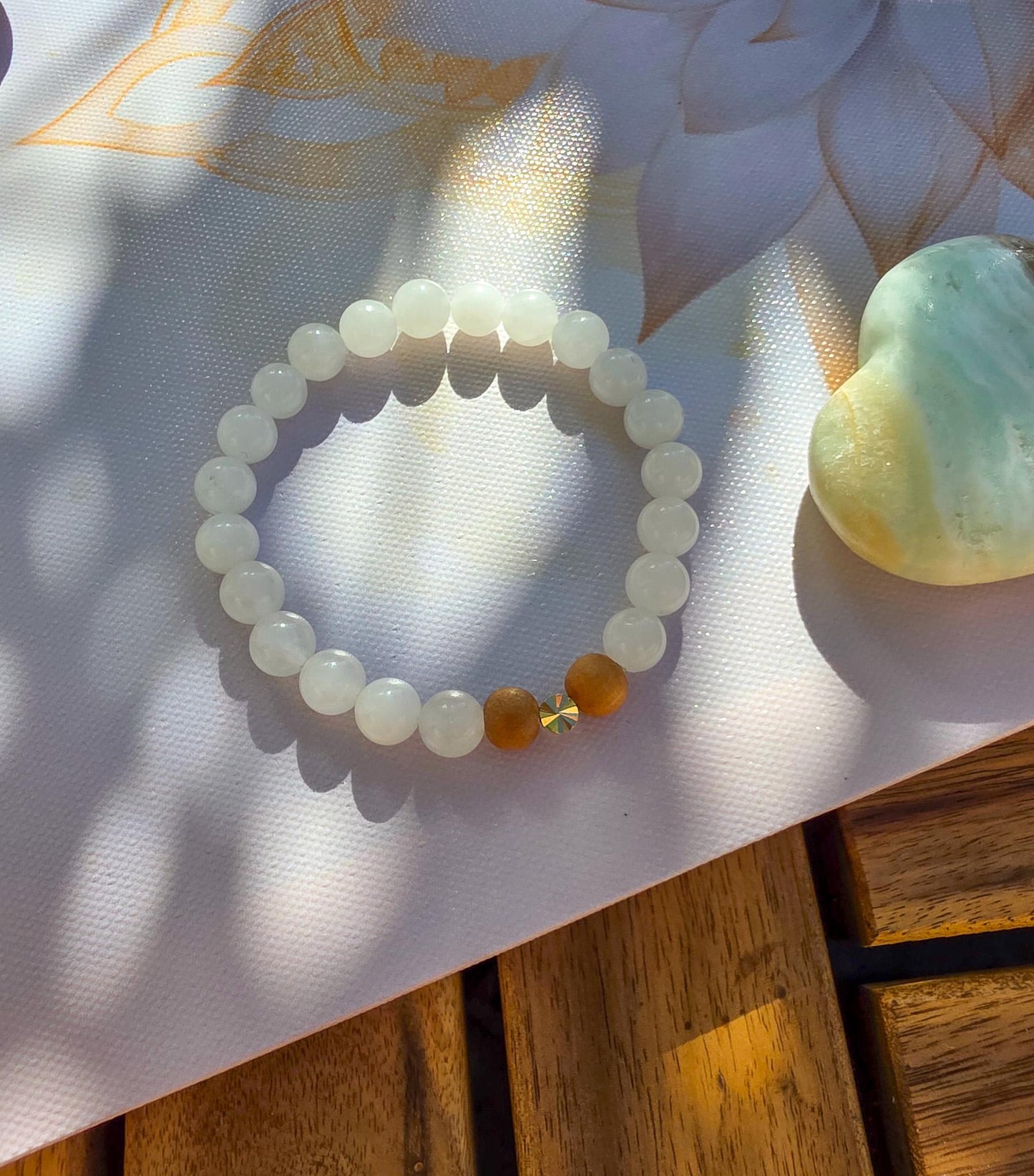 White Jade & Tulsi Wood Bracelet: Reiki-Infused Mala Beads