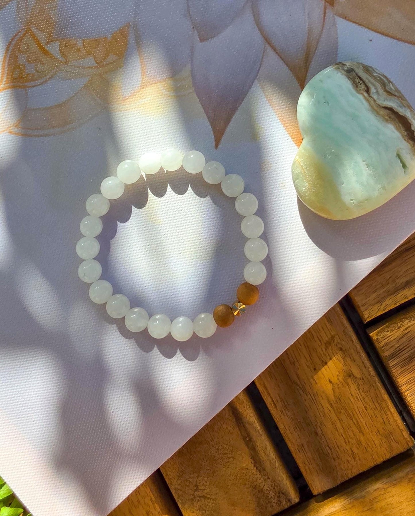 White Jade & Tulsi Wood Bracelet: Reiki-Infused Mala Beads