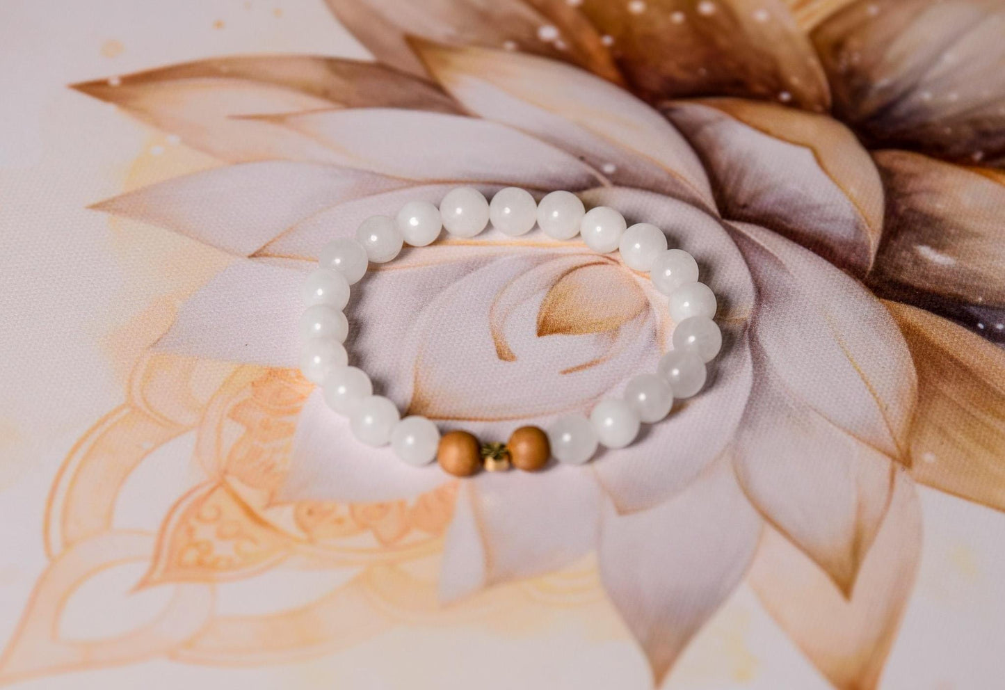 White Jade & Tulsi Wood Bracelet: Reiki-Infused Mala Beads