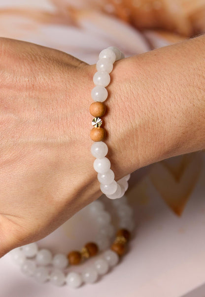 White Jade & Tulsi Wood Bracelet: Reiki-Infused Mala Beads