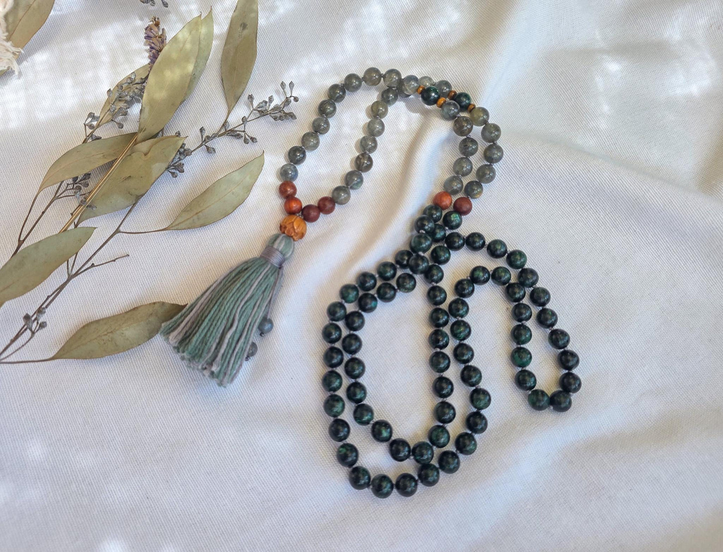Emerald & Labradorite Mala Beads  108 Hand-Knotted Reiki-Infused Necklace | Atman Connection, Bracelet and Pocket Mala Set Options