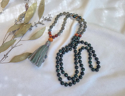 Emerald & Labradorite Mala Beads  108 Hand-Knotted Reiki-Infused Necklace | Atman Connection, Bracelet and Pocket Mala Set Options