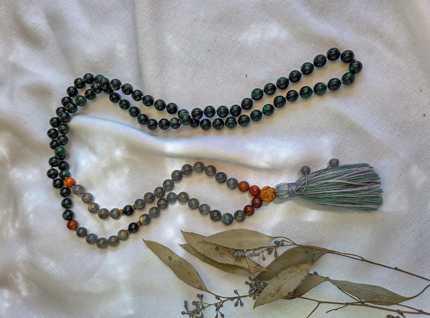 Emerald & Labradorite Mala Beads  108 Hand-Knotted Reiki-Infused Necklace | Atman Connection, Bracelet and Pocket Mala Set Options