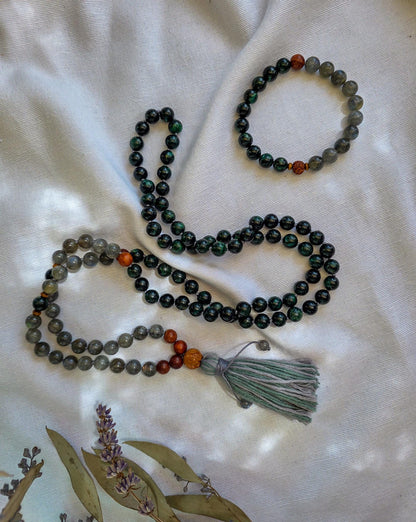 Emerald & Labradorite Mala Beads  108 Hand-Knotted Reiki-Infused Necklace | Atman Connection, Bracelet and Pocket Mala Set Options