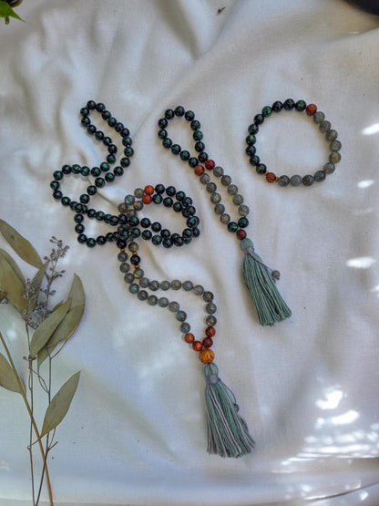 Emerald & Labradorite Mala Beads  108 Hand-Knotted Reiki-Infused Necklace | Atman Connection, Bracelet and Pocket Mala Set Options