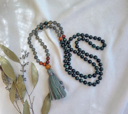 Emerald & Labradorite Mala Beads  108 Hand-Knotted Reiki-Infused Necklace | Atman Connection, Bracelet and Pocket Mala Set Options