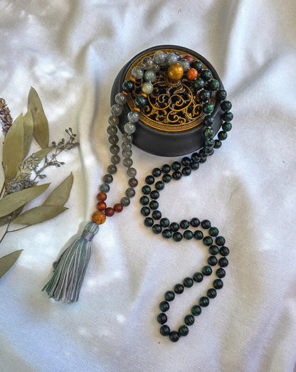 Emerald & Labradorite Mala Beads  108 Hand-Knotted Reiki-Infused Necklace | Atman Connection, Bracelet and Pocket Mala Set Options