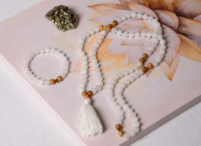 White Jade & Tulsi Wood Mala Beads, 108 Beads Meditation Necklace, Reiki Infused Japa Mala for Prayer