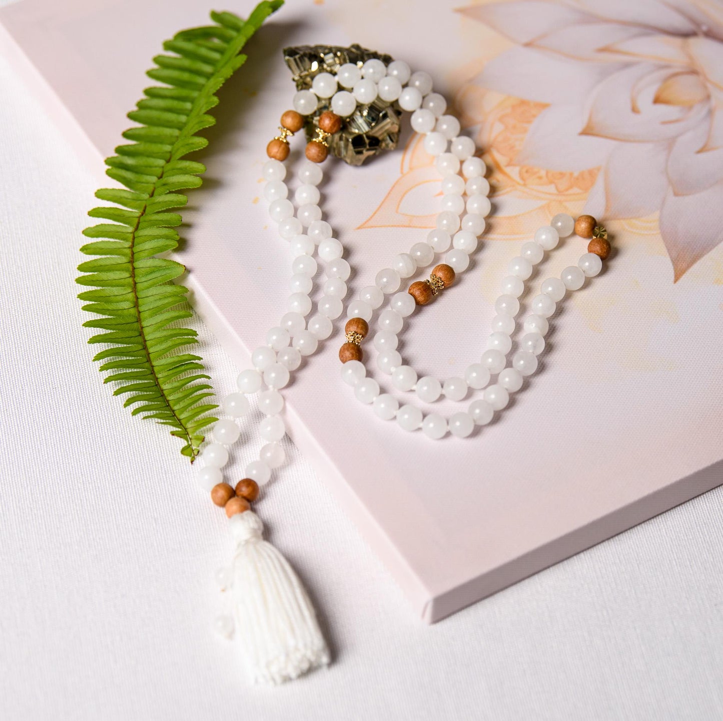 White Jade & Tulsi Wood Mala Beads, 108 Beads Meditation Necklace, Reiki Infused Japa Mala for Prayer