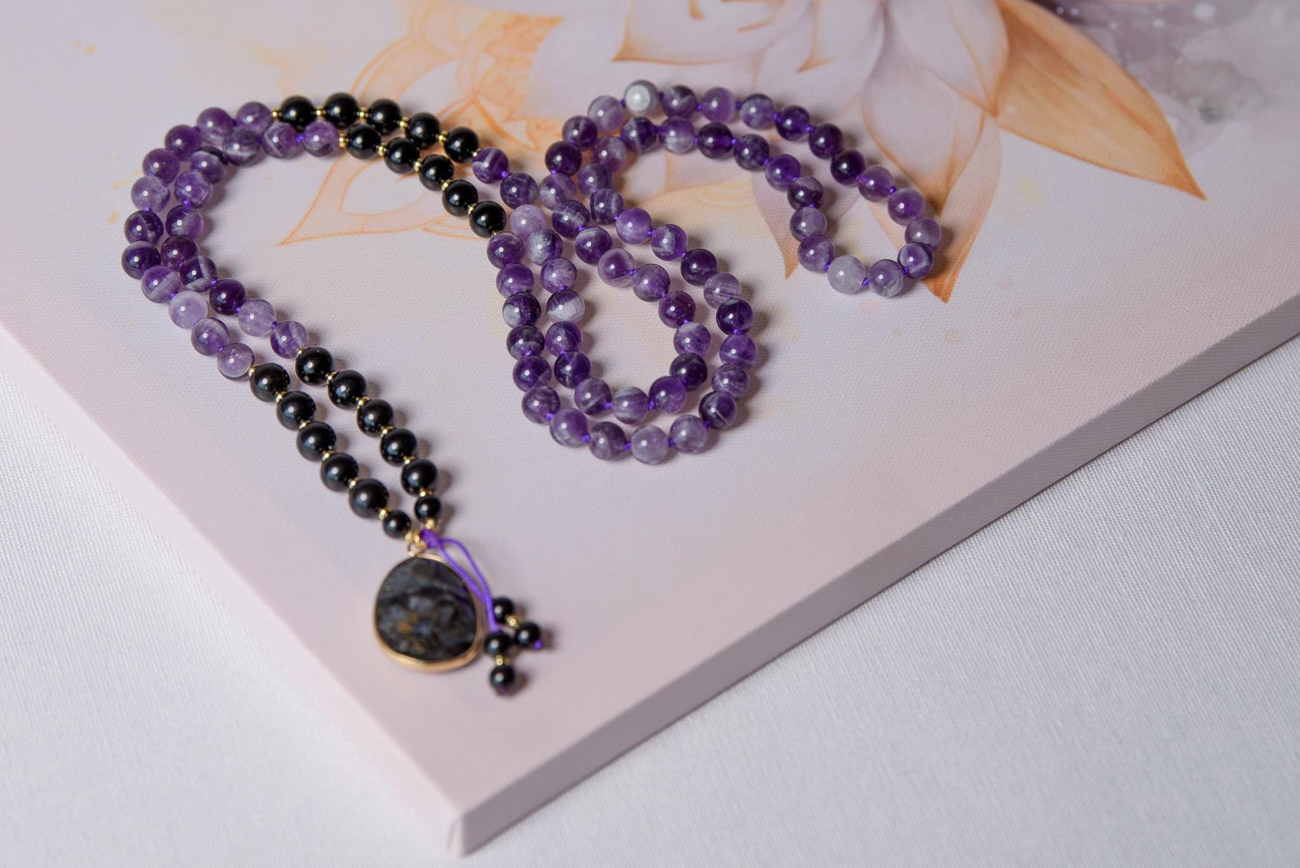 Amethyst & Tourmaline Mala Beads  108 Reiki-Infused Meditation Necklace with Tourmaline Pendant