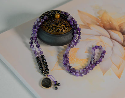 Amethyst & Tourmaline Mala Beads  108 Reiki-Infused Meditation Necklace with Tourmaline Pendant