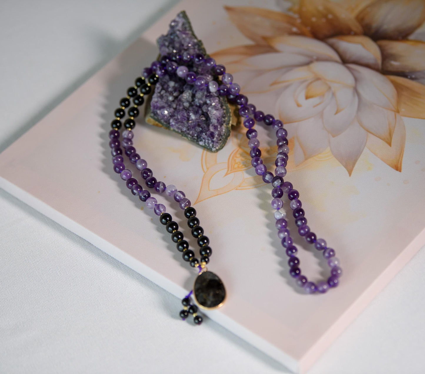 Amethyst & Tourmaline Mala Beads  108 Reiki-Infused Meditation Necklace with Tourmaline Pendant