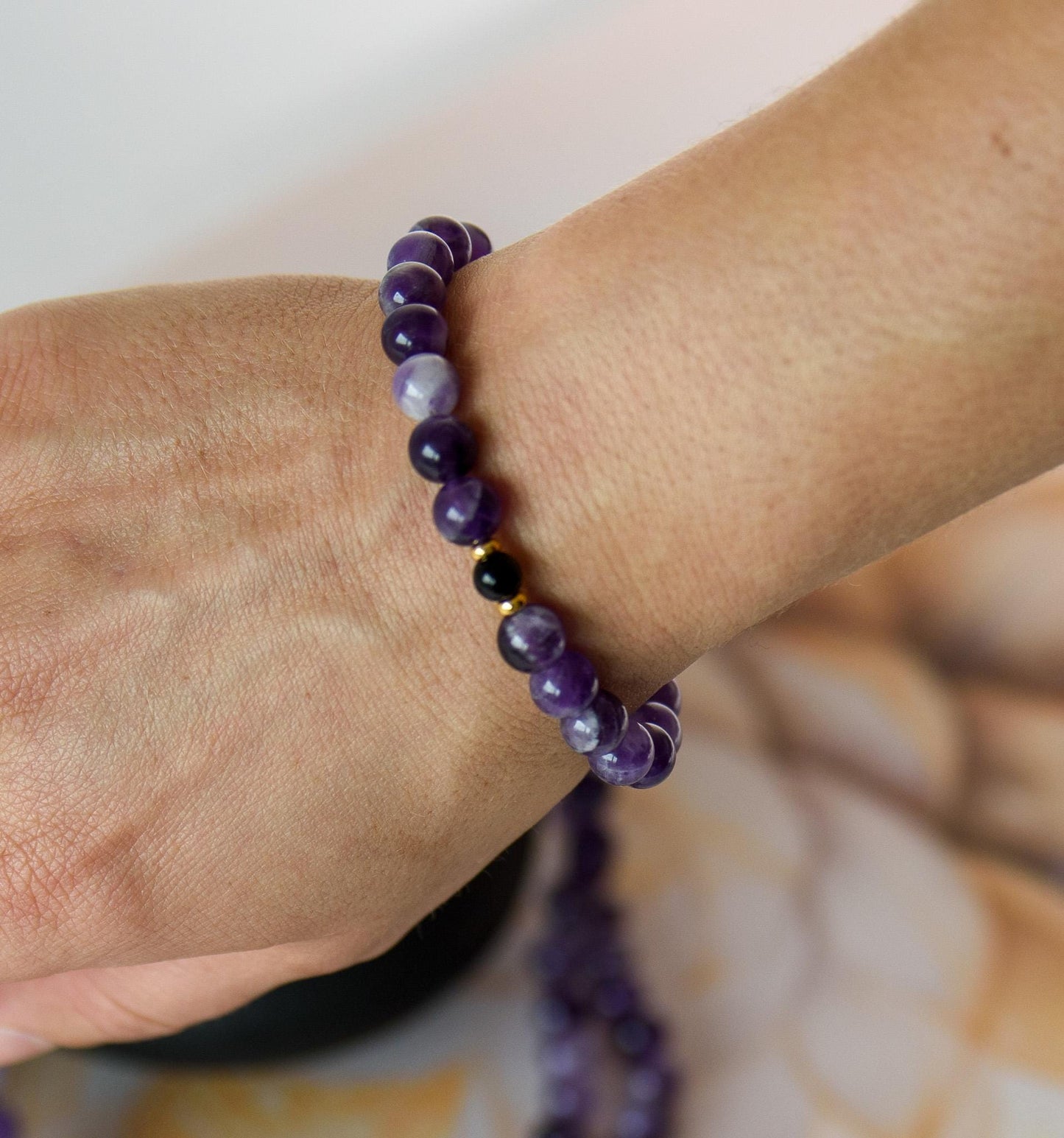 Amethyst & Tourmaline Mala Beads  108 Reiki-Infused Meditation Necklace with Tourmaline Pendant