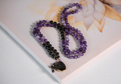 Amethyst & Tourmaline Mala Beads  108 Reiki-Infused Meditation Necklace with Tourmaline Pendant