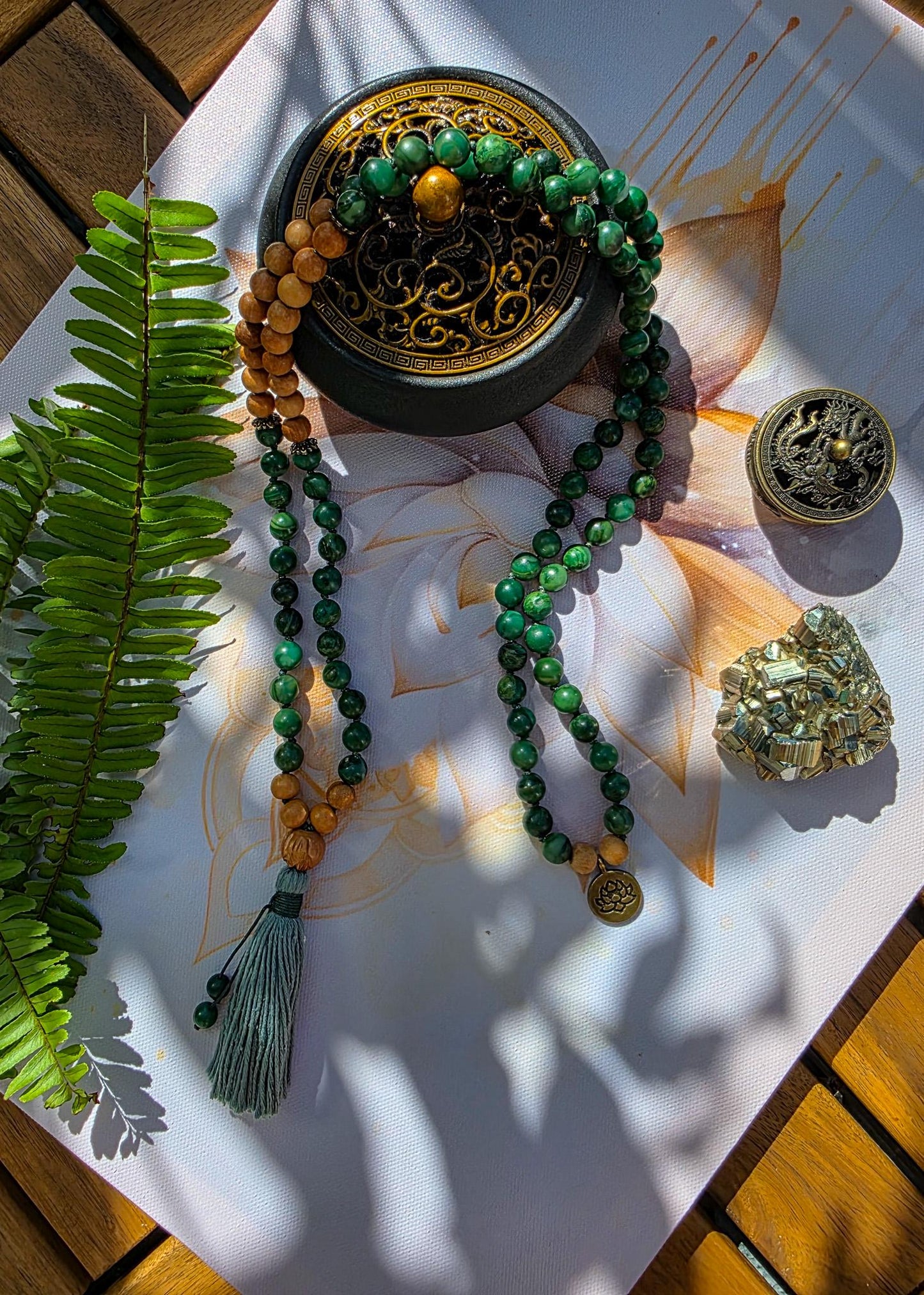 Jade and Tulsi Wood Mala Beads  108 Hand-Knotted Reiki-Infused Meditation Necklace, Spiritual Prayer Beads for Healing & Mindfulness