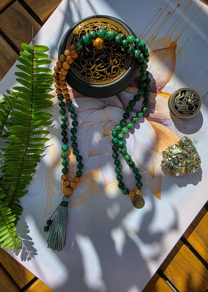 Jade and Tulsi Wood Mala Beads  108 Hand-Knotted Reiki-Infused Meditation Necklace, Spiritual Prayer Beads for Healing & Mindfulness