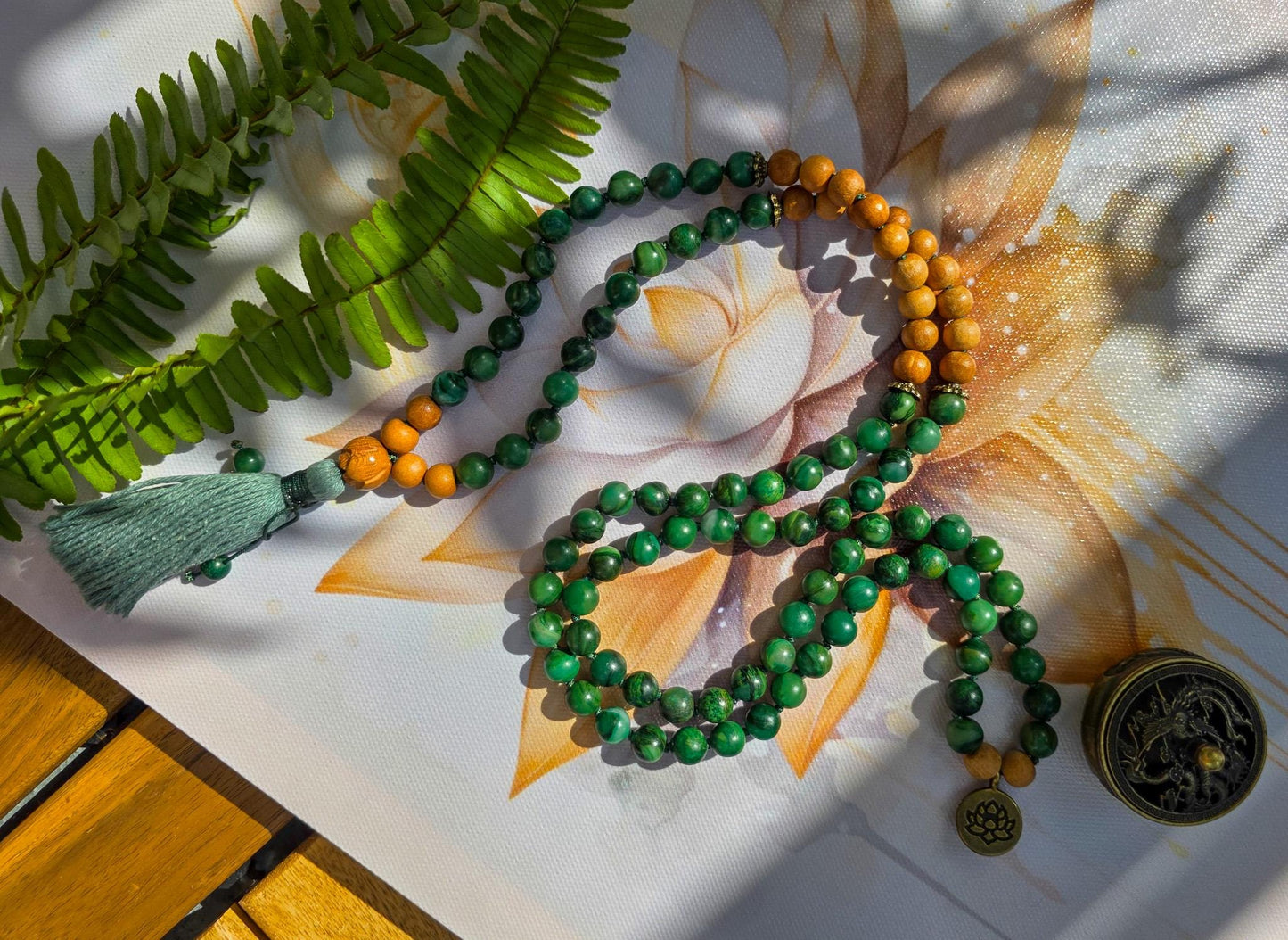 Jade and Tulsi Wood Mala Beads  108 Hand-Knotted Reiki-Infused Meditation Necklace, Spiritual Prayer Beads for Healing & Mindfulness