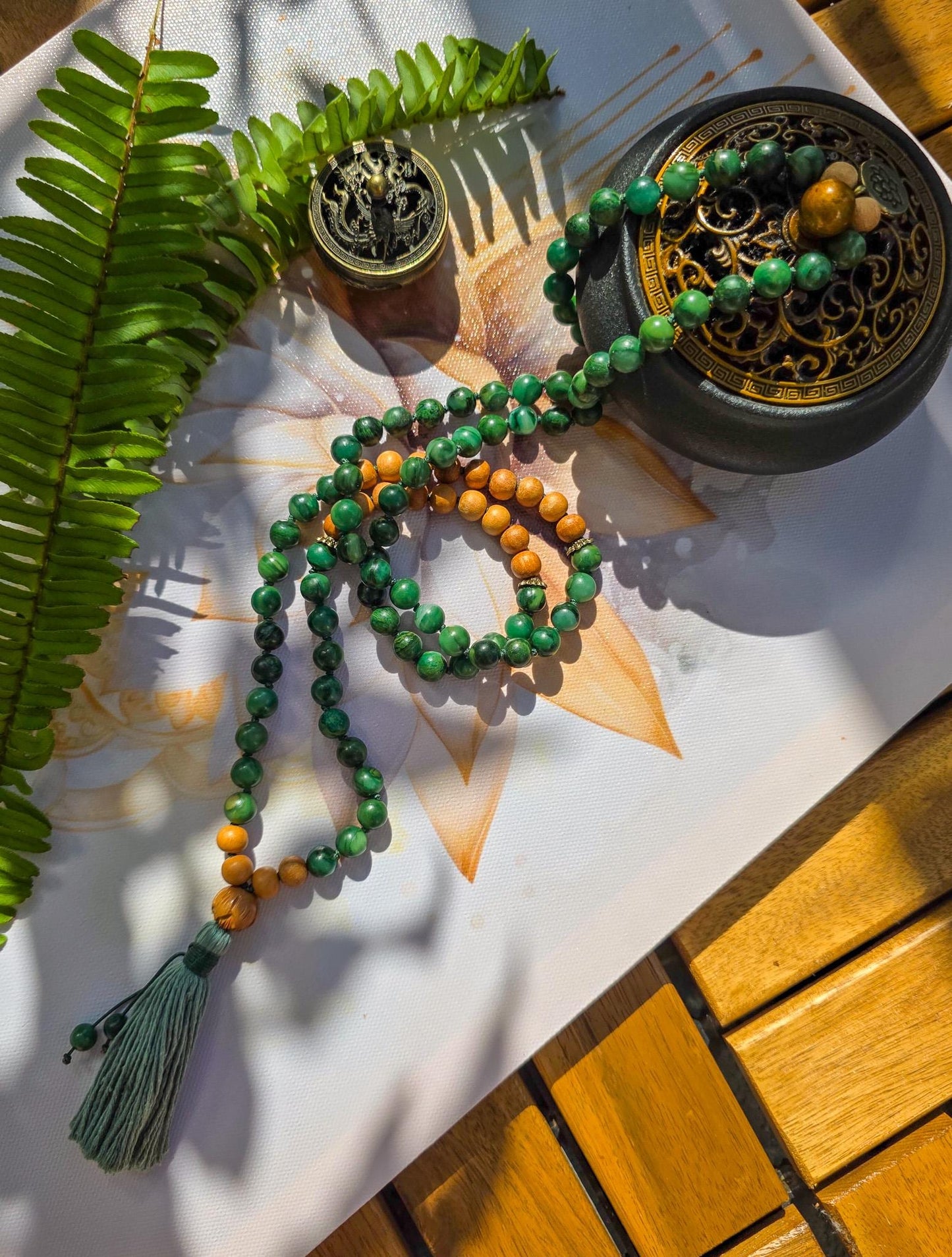 Jade and Tulsi Wood Mala Beads  108 Hand-Knotted Reiki-Infused Meditation Necklace, Spiritual Prayer Beads for Healing & Mindfulness