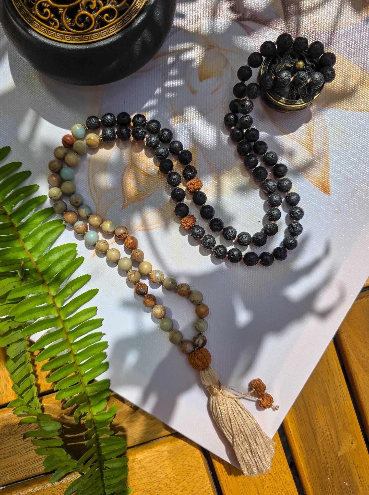 Lava Rock & Serpentine Mala Beads  108 Hand-Knotted Reiki-Infused Meditation Necklace with Bamboo Tassel