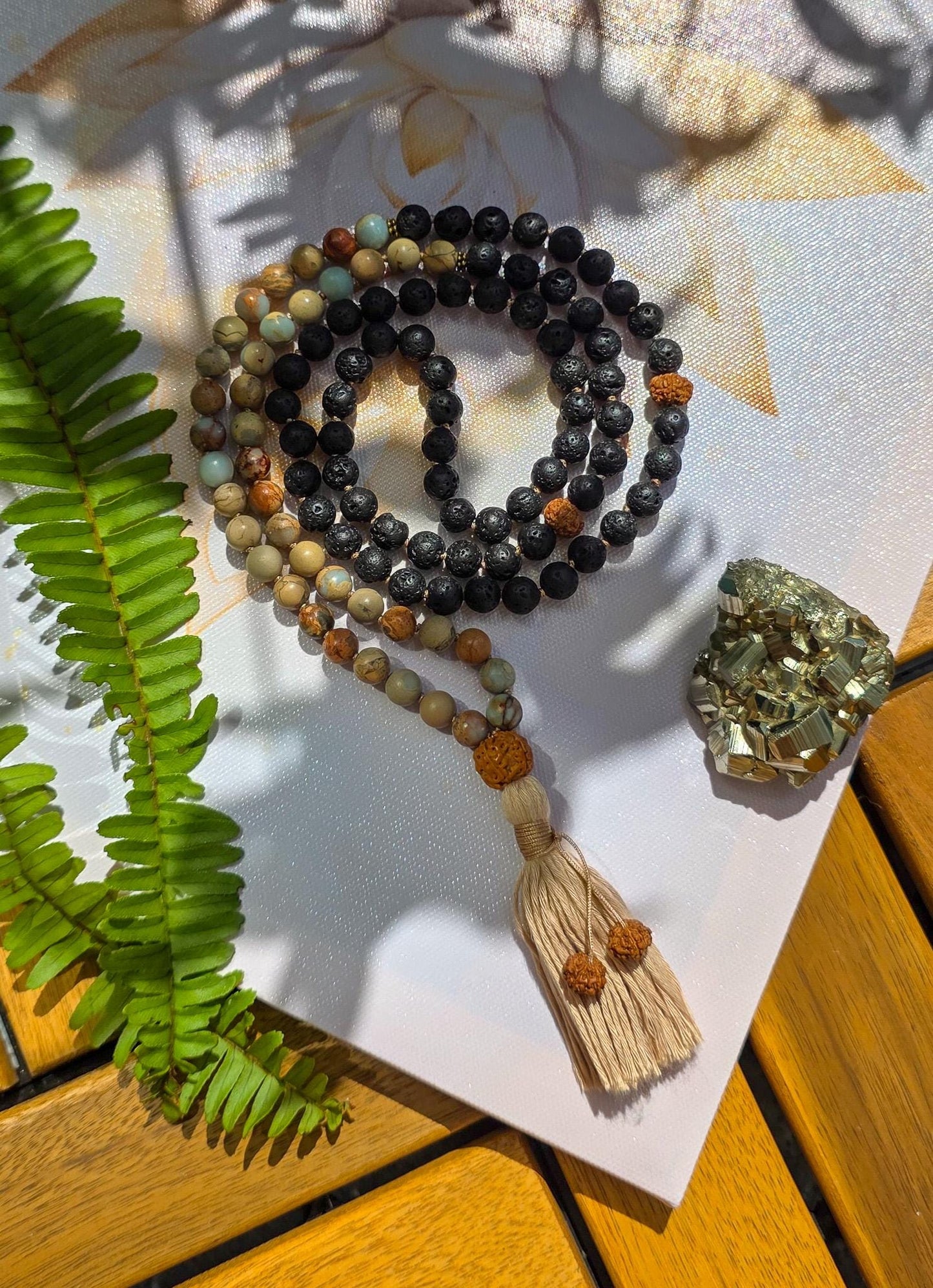 Lava Rock & Serpentine Mala Beads  108 Hand-Knotted Reiki-Infused Meditation Necklace with Bamboo Tassel