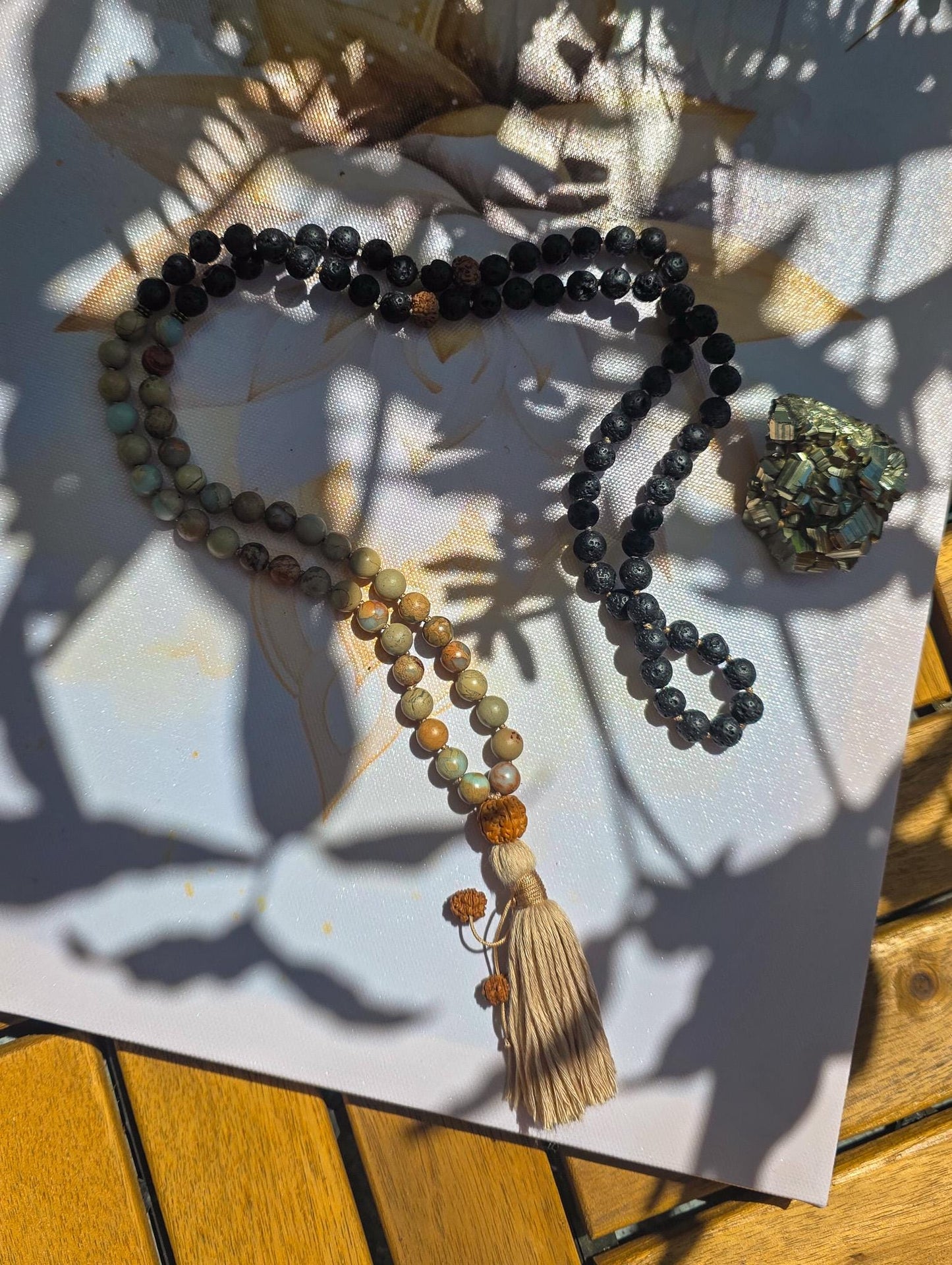 Lava Rock & Serpentine Mala Beads  108 Hand-Knotted Reiki-Infused Meditation Necklace with Bamboo Tassel