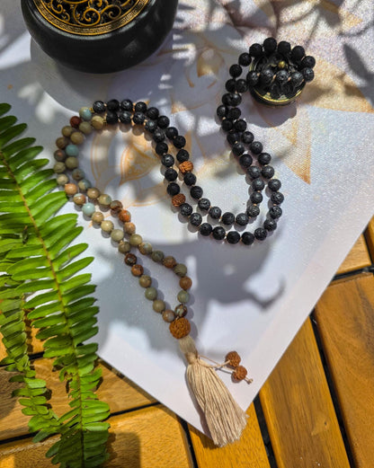 Lava Rock & Serpentine Mala Beads  108 Hand-Knotted Reiki-Infused Meditation Necklace with Bamboo Tassel