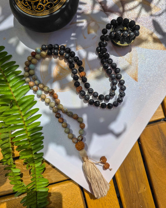 Lava Rock & Serpentine Mala Beads  108 Hand-Knotted Reiki-Infused Meditation Necklace with Bamboo Tassel