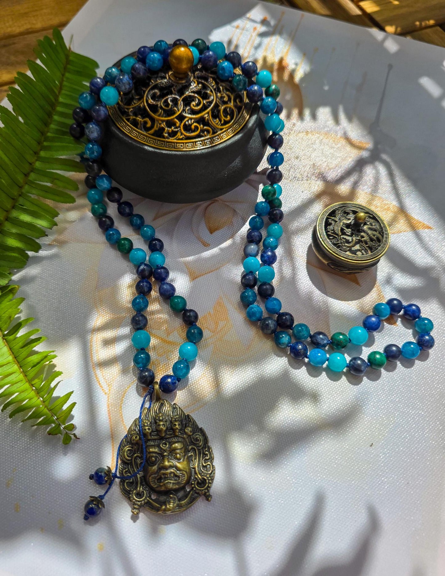 Protection Mala  108 Apatite, Azurite, Sodalite, Amazonite & Lapis Lazuli Beads with Brass Pendant | Reiki-Infused Meditation Necklace