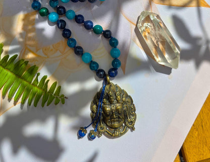 Protection Mala  108 Apatite, Azurite, Sodalite, Amazonite & Lapis Lazuli Beads with Brass Pendant | Reiki-Infused Meditation Necklace