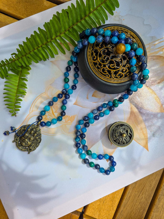 Protection Mala  108 Apatite, Azurite, Sodalite, Amazonite & Lapis Lazuli Beads with Brass Pendant | Reiki-Infused Meditation Necklace