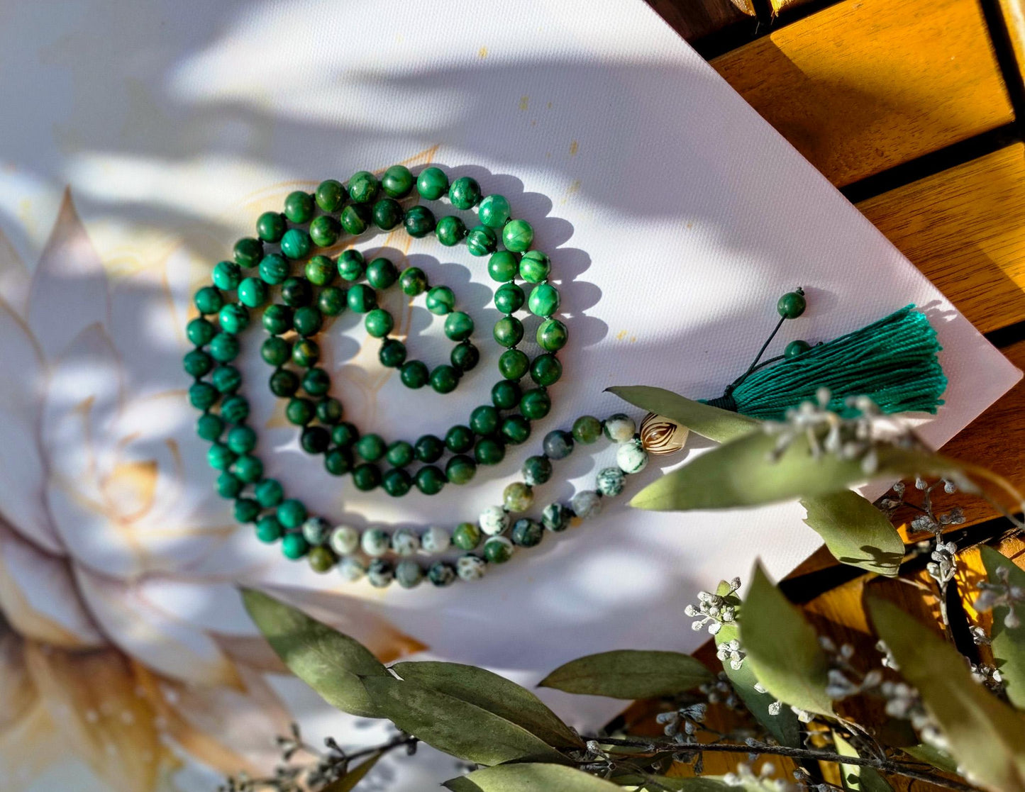 Jade, Malachite & Moss Agate Mala Beads  108 Reiki-Infused Meditation Necklace | Hand-Knotted Healing Gemstone Japa Mala