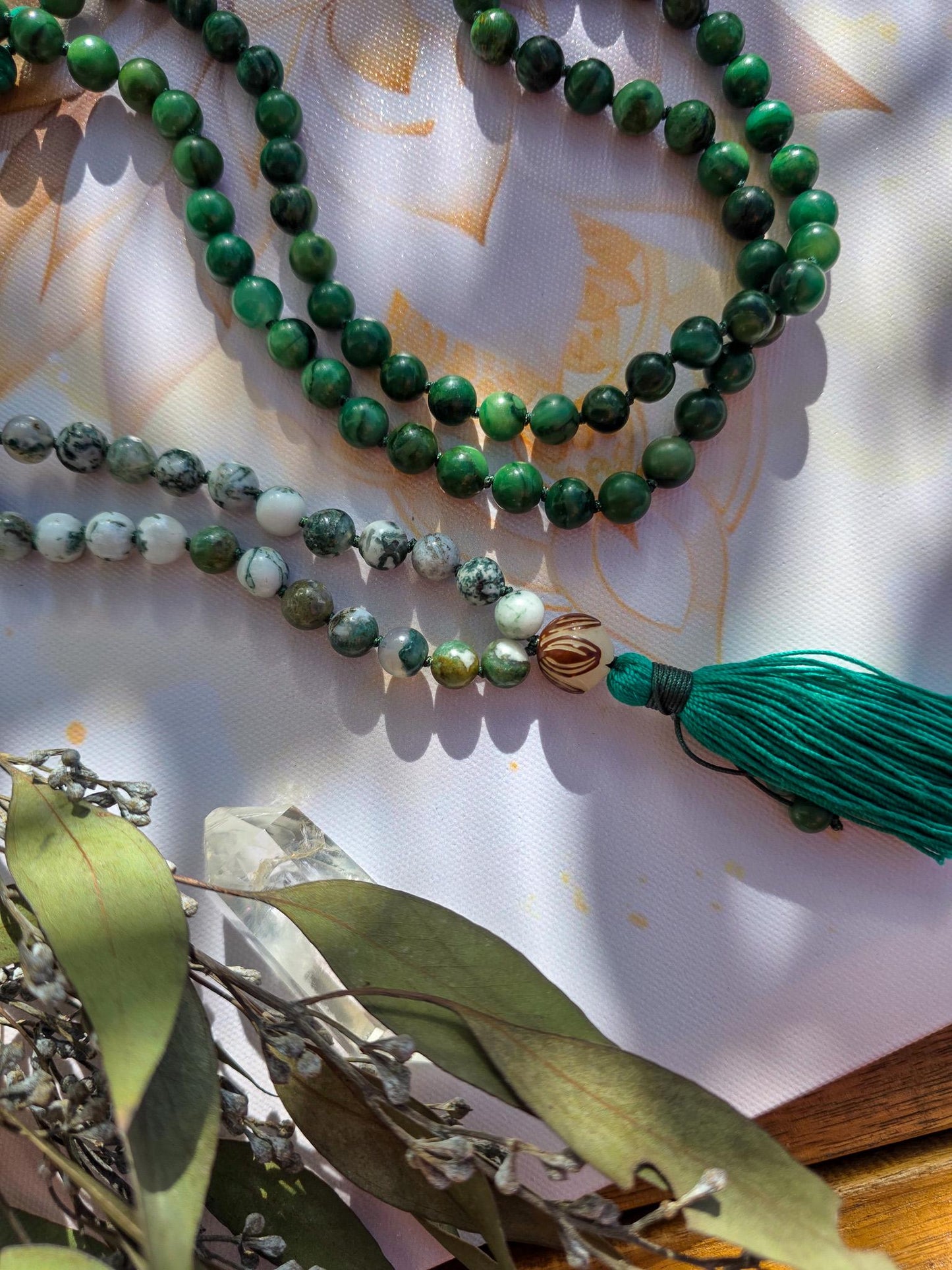 Jade, Malachite & Moss Agate Mala Beads  108 Reiki-Infused Meditation Necklace | Hand-Knotted Healing Gemstone Japa Mala
