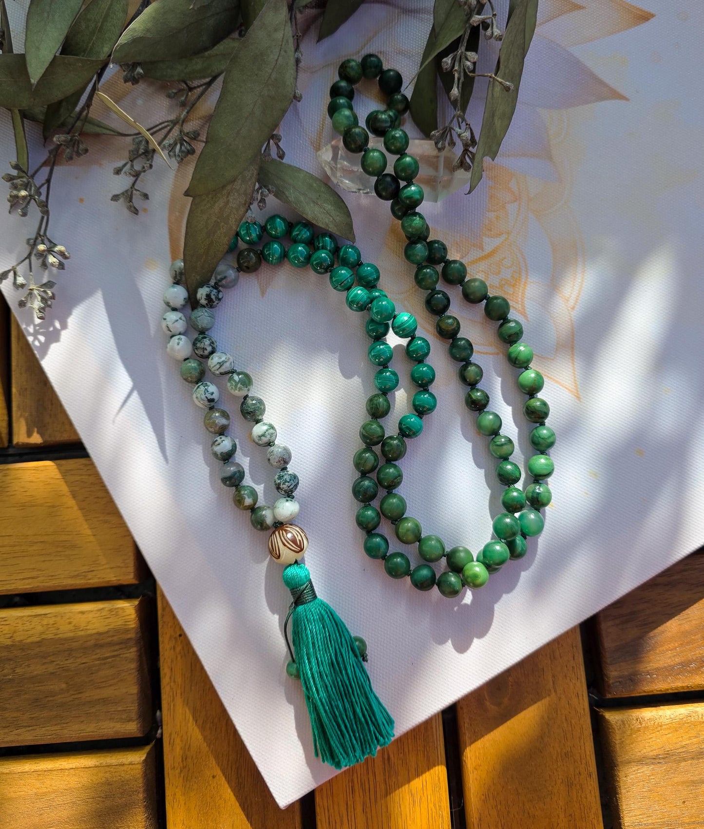 Jade, Malachite & Moss Agate Mala Beads  108 Reiki-Infused Meditation Necklace | Hand-Knotted Healing Gemstone Japa Mala