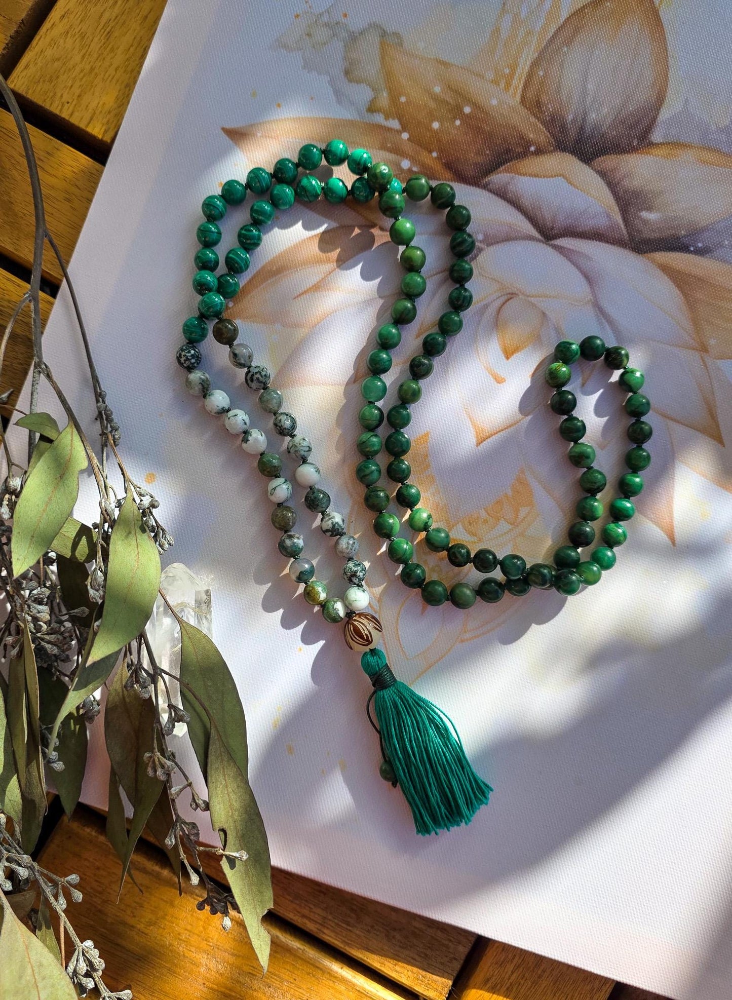 Jade, Malachite & Moss Agate Mala Beads  108 Reiki-Infused Meditation Necklace | Hand-Knotted Healing Gemstone Japa Mala